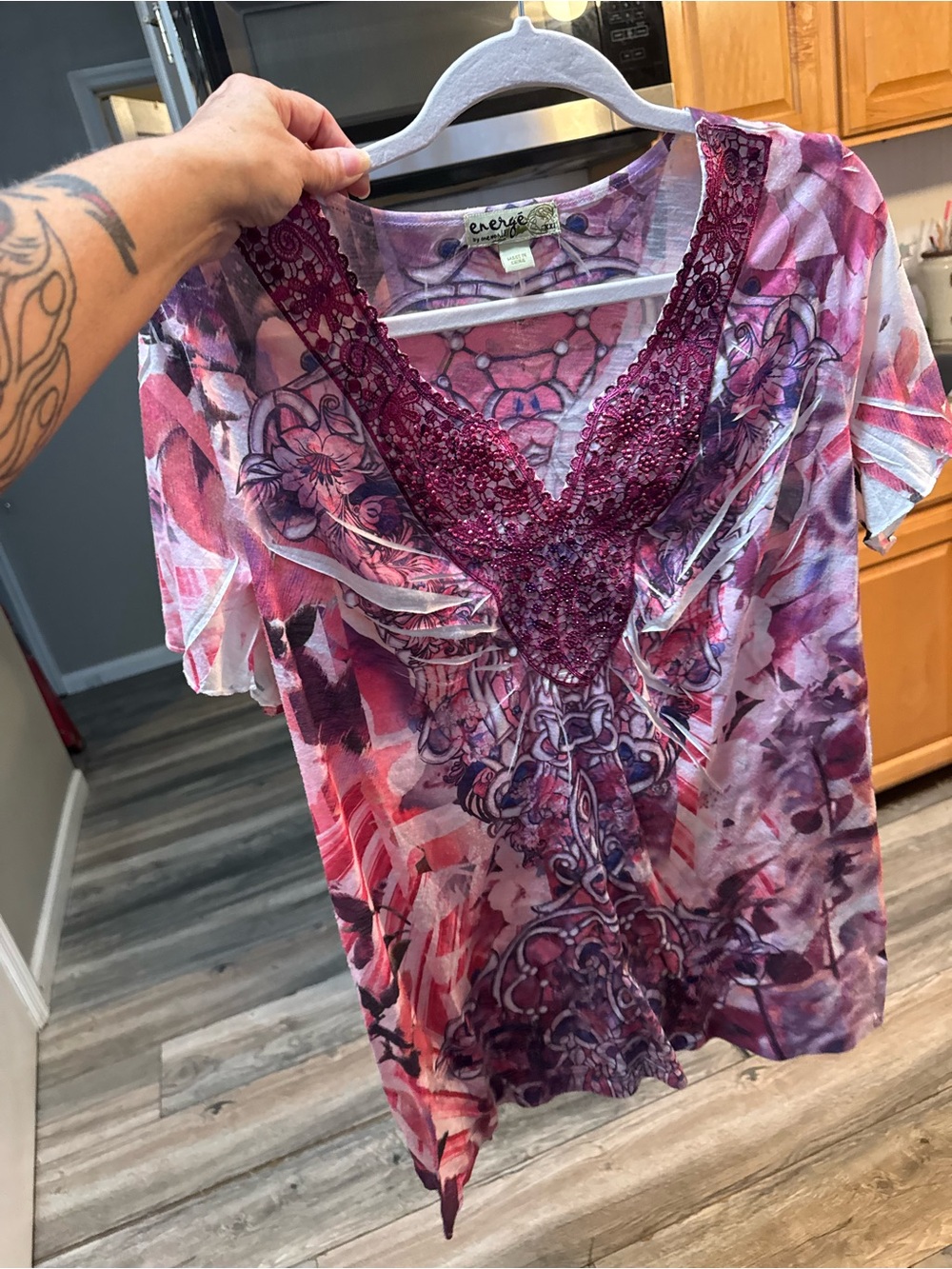 Purple-Pink Embellished V-Neck Short Sleeve Tee
